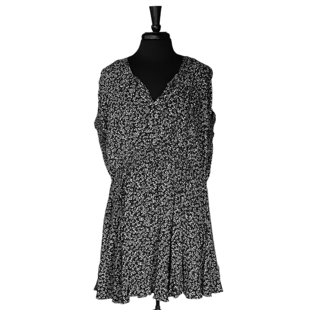 Free People Women's Dress Black White Floral Pockets Drawstring Oversized Size M